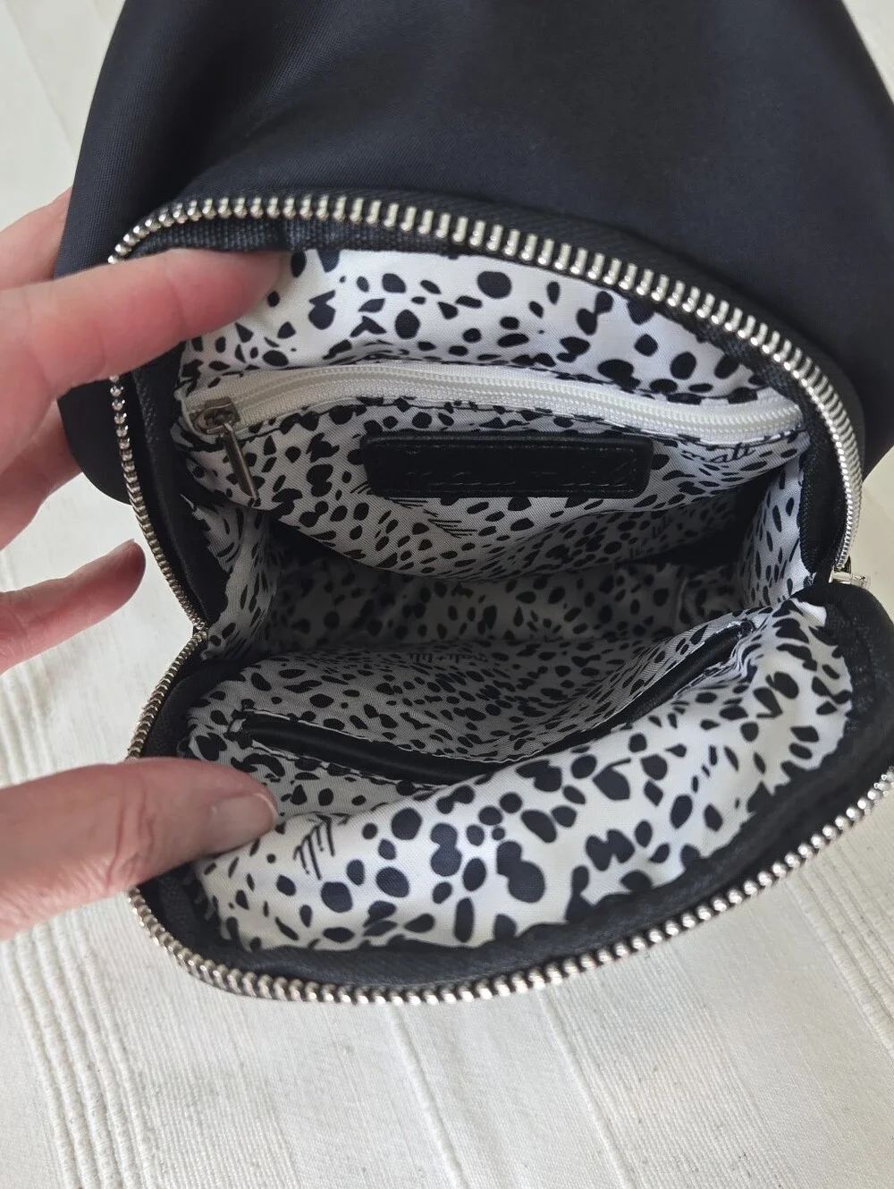 MALI + LILI Logan Black Nylon & Vegan Leather Sling Bag Crossbody Travel Street
